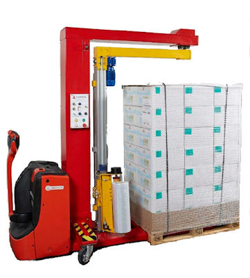 Machine à banderoler LADBOOM à bras tournant adaptable sur un transpalette électrique